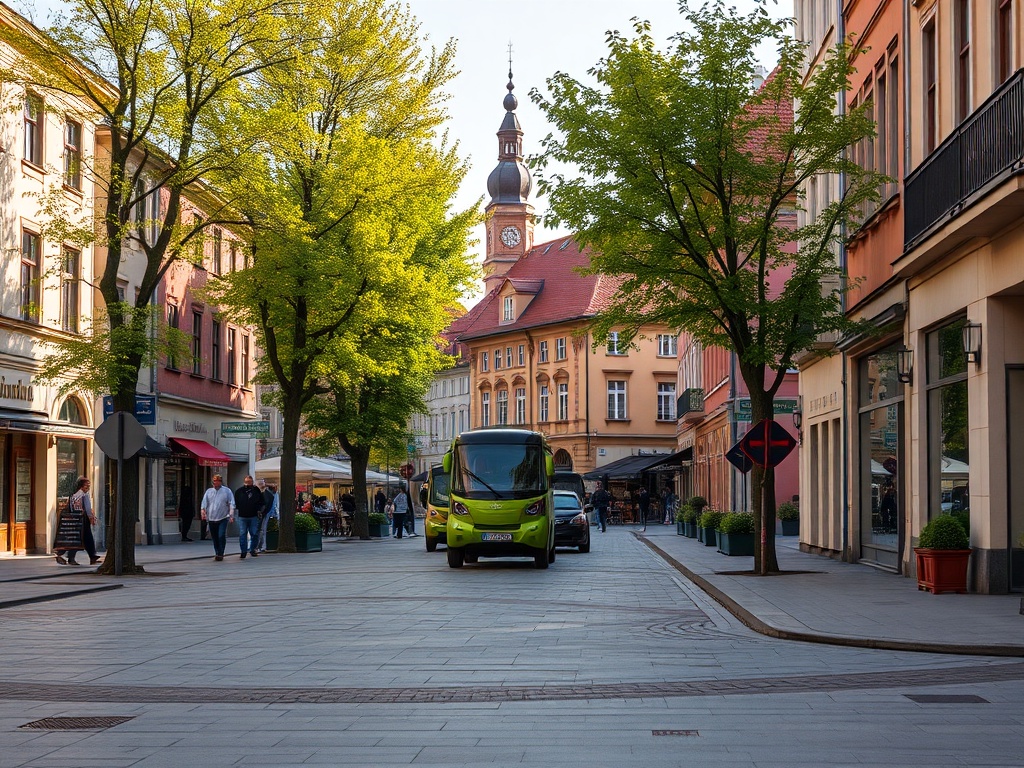 Ilustracja przedstawiająca mieszkańców Dąbrowy Górniczej uczestniczących w miejskich wydarzeniach i akcjach ekologicznych